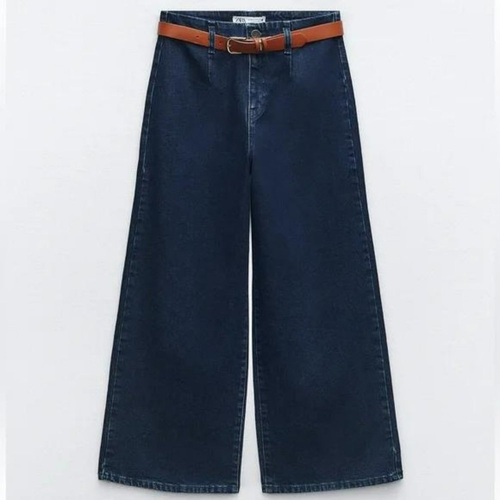 ZARA Z1975 BELTED HIGH RISE CROPPED WIDE LEG JEANS